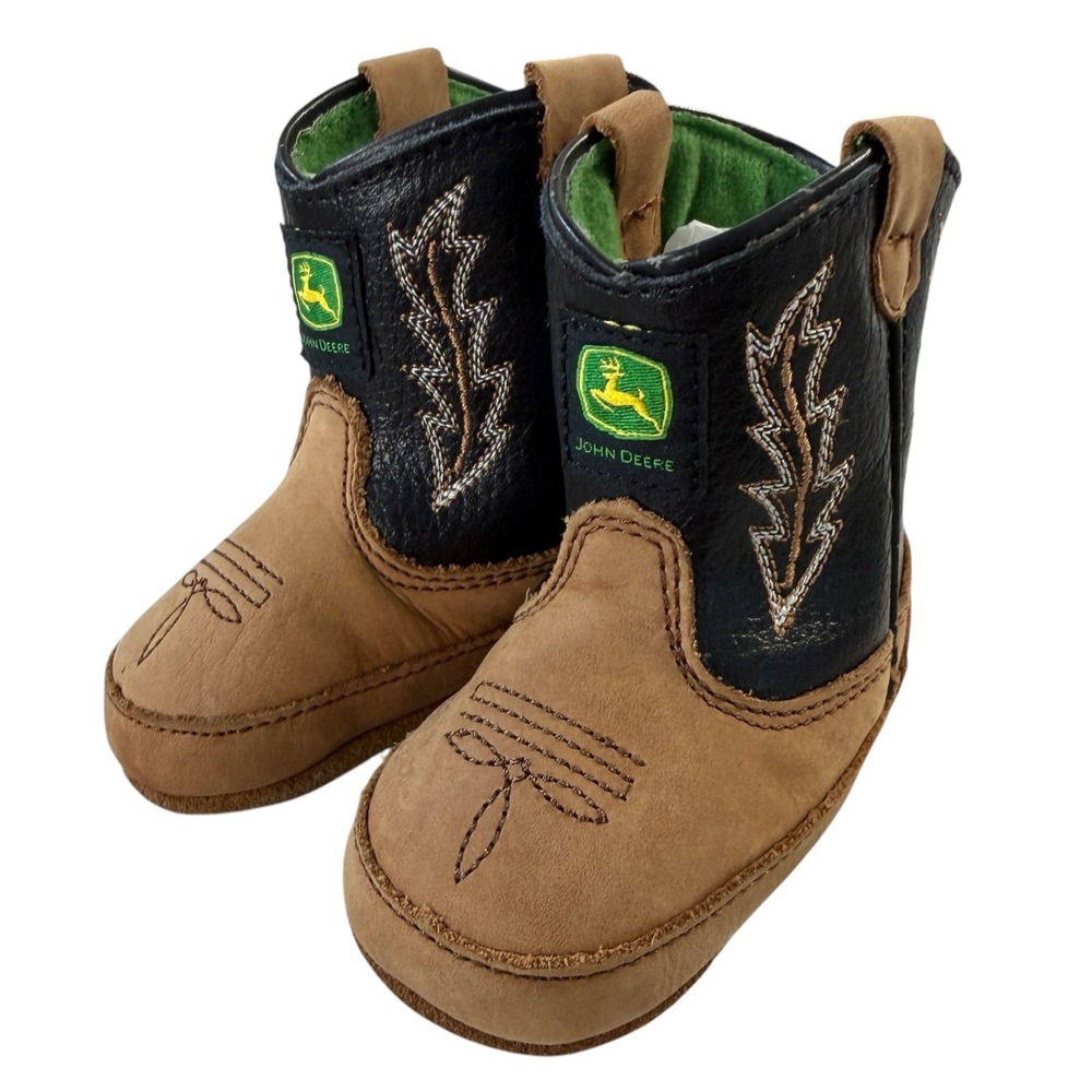 John Deere Baby Boy Leather Western Cowboy Crib Boots Brown Black JD0190 Size 1M